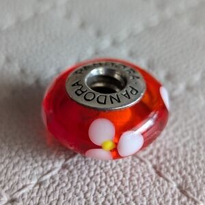 Authentic Pandora Red Charm with White Floral Accents 925 ALE LIKE-NEW